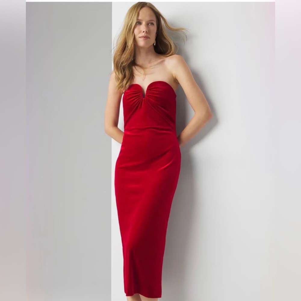 Red Velvet Strapless Midi Dress